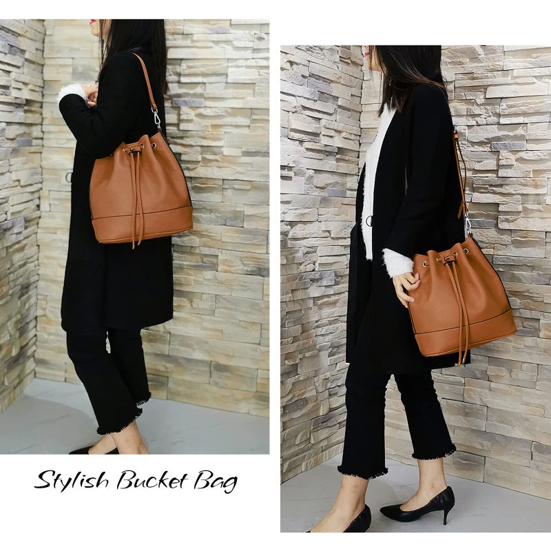 AFKOMST Leather Bucket Bags and Drawstring Crossbody Purse for Women Medium Tote and Hobo Handbags with 2 Shouder Straps - Image 2